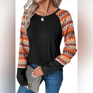 Orange Geo Print Raglan Patchwork Long Sleeve Tee Bohemian Blouse